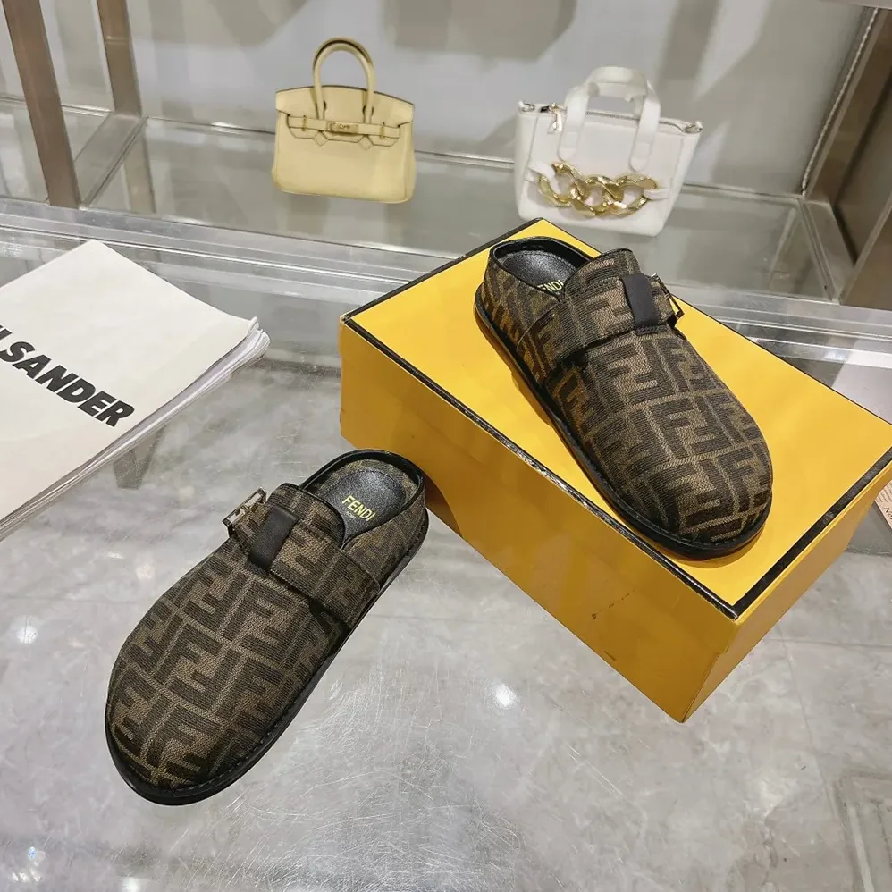 Fendi Feel Brown Fabric Sabots for Unisex