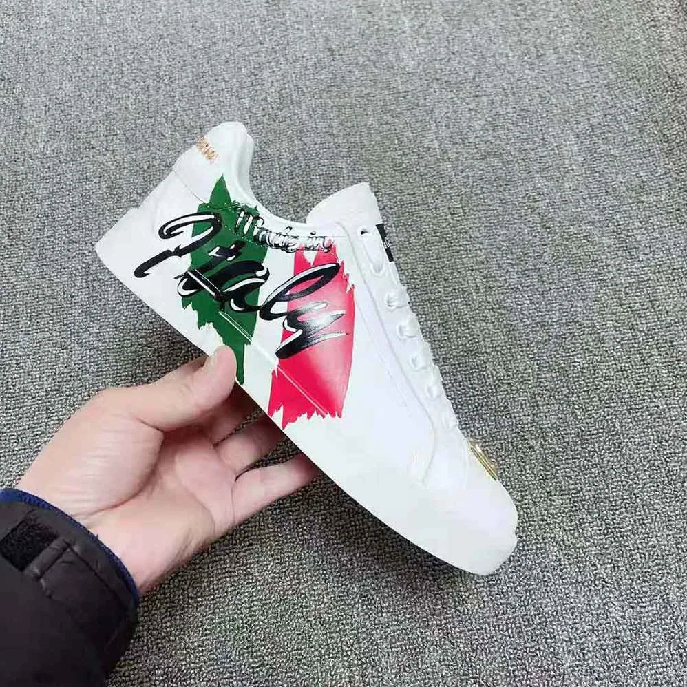 Dolce Gabbana D&G Calfskin Portofino Light Sneakers with Print for Women in White