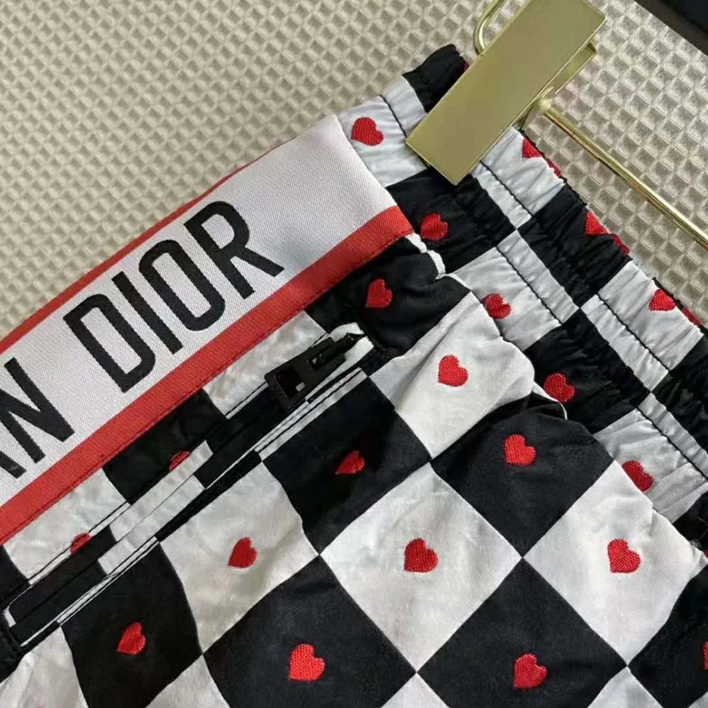 Dior Dioramour Shorts Black White and Red D-Chess Heart Technical Taffeta Jacquard for Women