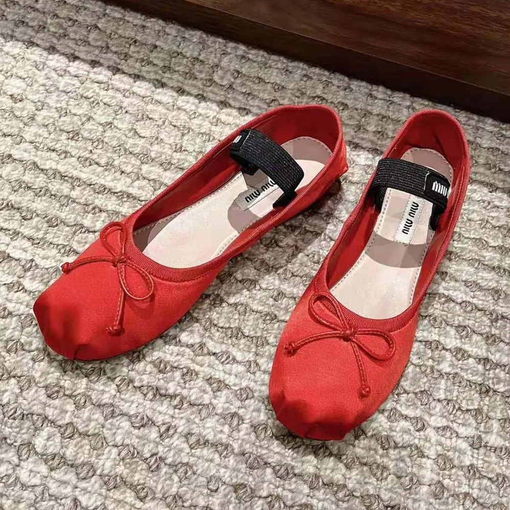 Miu Miu Satin Ballerinas with Knit Logo Label for Women in Red
