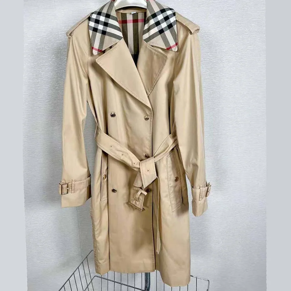 Burberry Long Check Collar Trench Coat for Women in Beige
