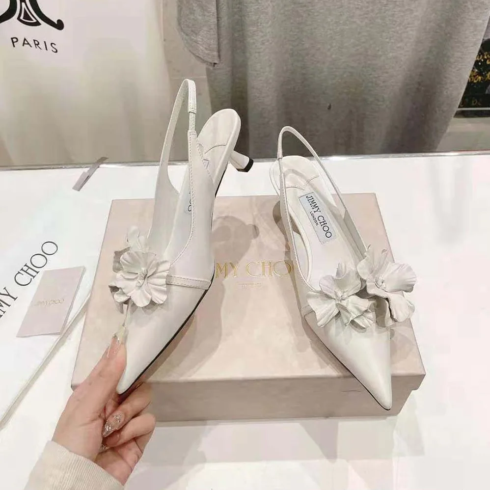 Jimmy Choo Amita Flowers 45 Latte Nappa Leather Sling Back Pumps with Flowers for Women