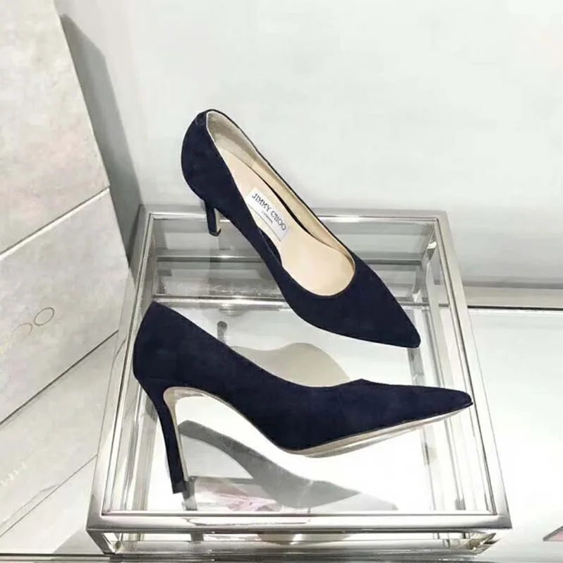 Jimmy Choo Shoes Romy 85 Opal Suede Pointy Toe Pumps for Women in Navy