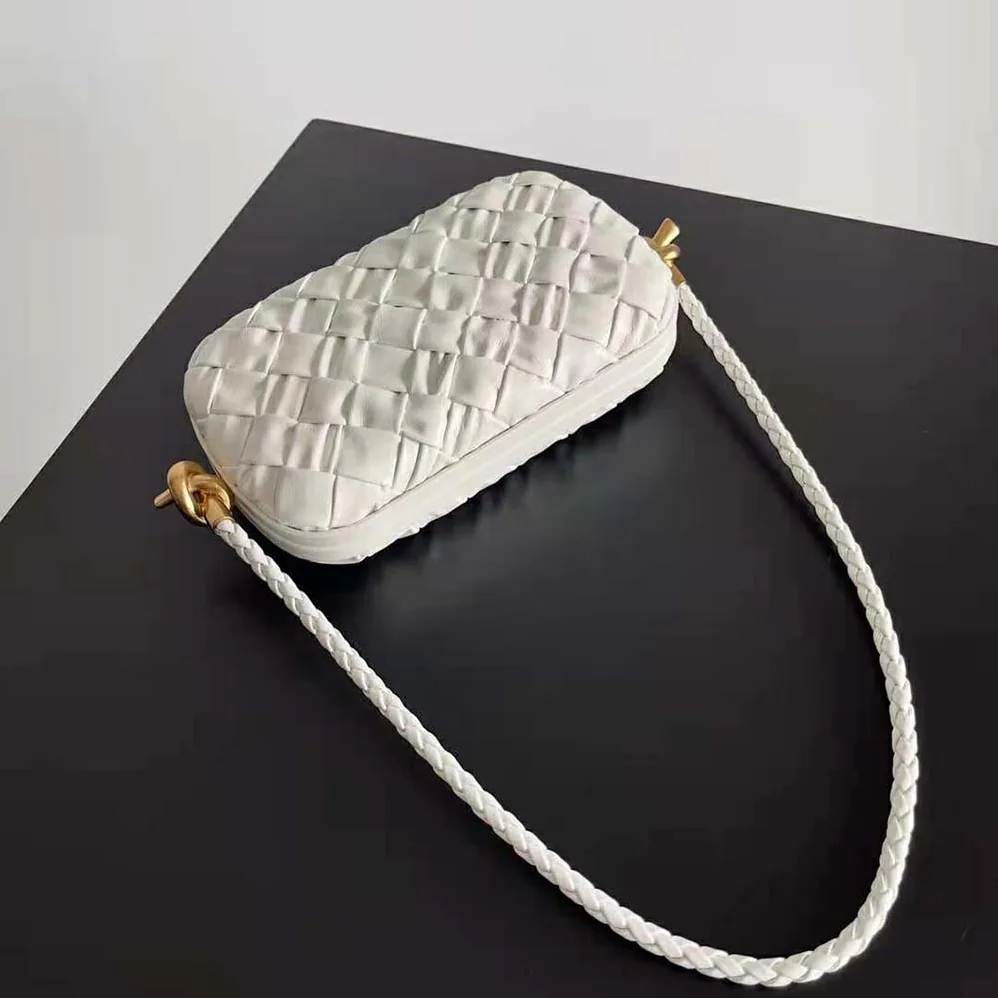 Bottega Veneta Knot On Strap Foulard Intreccio Leather Minaudiere with Strap for Women in White Bottega Veneta Knot On Strap Foulard Intreccio Leather Minaudiere with Strap for Women in White
