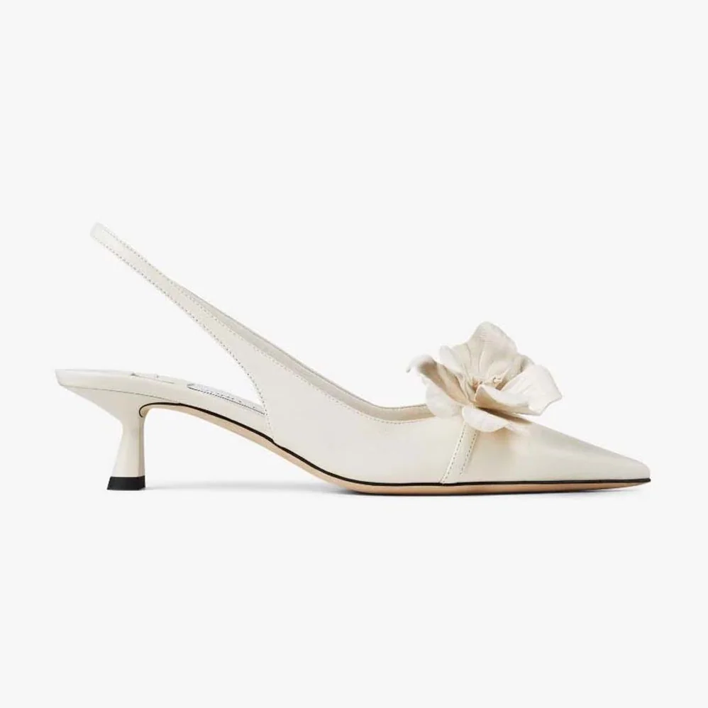Jimmy Choo Amita Flowers 45 Latte Nappa Leather Sling Back Pumps with Flowers for Women
