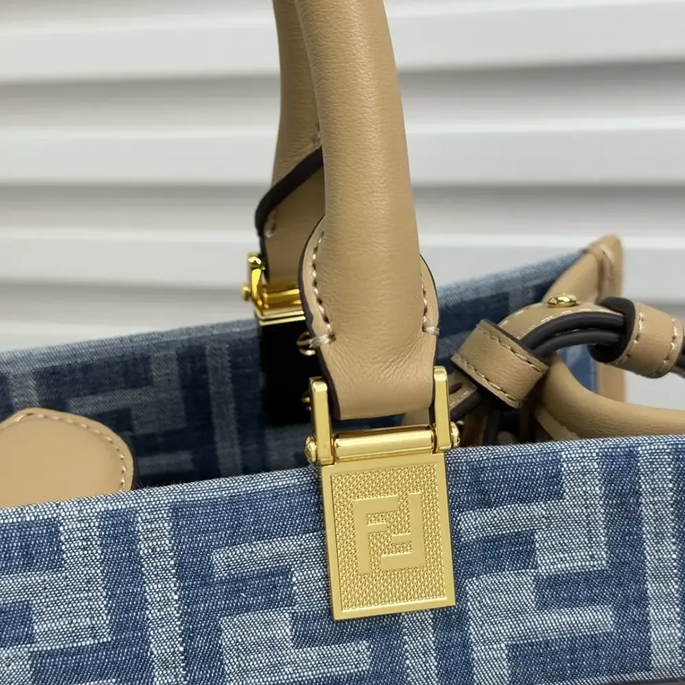 Fendi Sunshine Small Light Blue FF Denim Fabric Shopper for Women Fendi Sunshine Small Light Blue FF Denim Fabric Shopper for Women