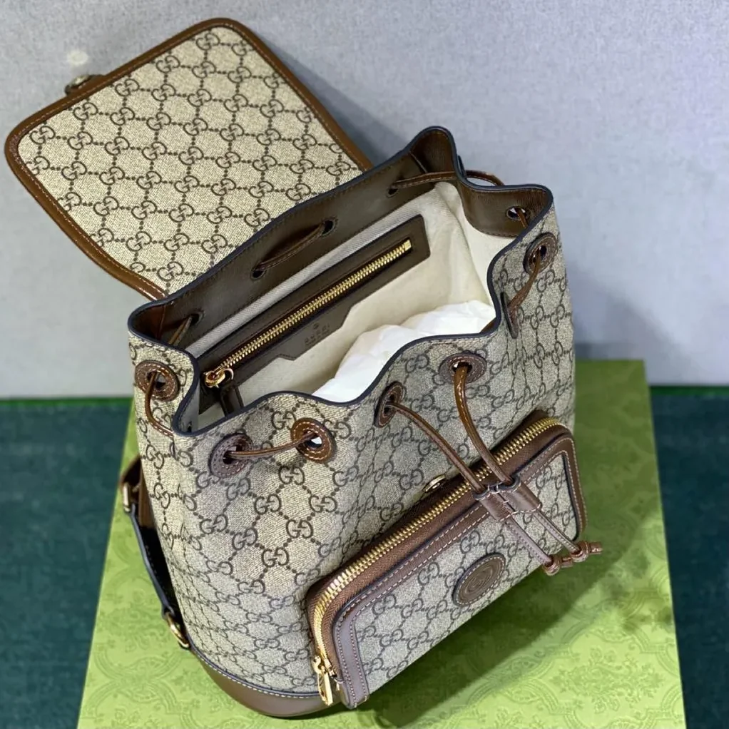 Gucci Backpack With Interlocking G Beige And Ebony GG Supreme Canvas Brown / Gucci Backpack With Interlocking G Beige And Ebony GG Supreme Canvas Brown /