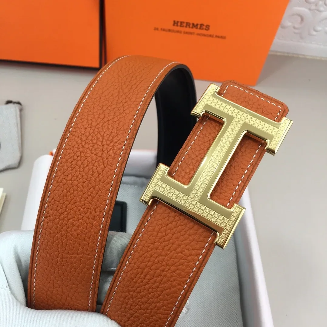 Hermes H Guillochee Belt Buckle & Reversible Orange