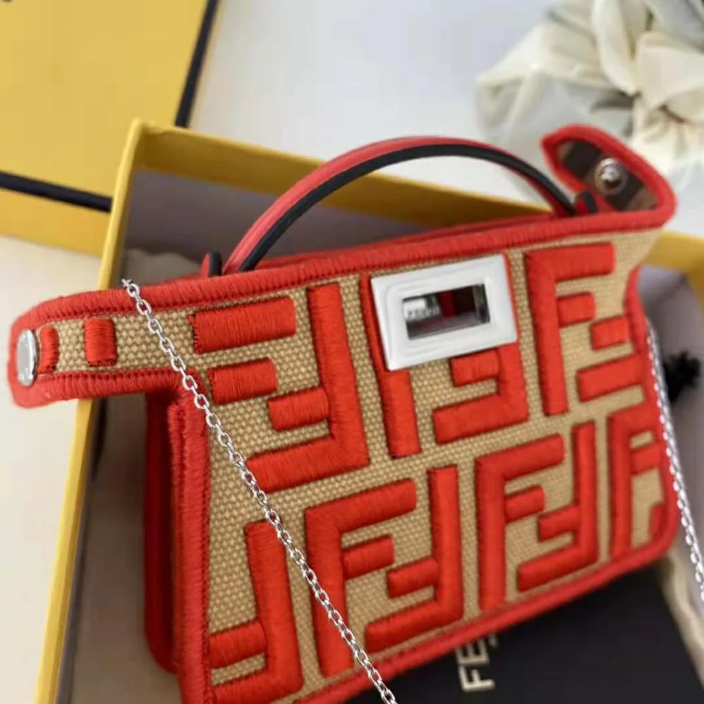 Fendi Nano Peekaboo Charm Gray FF Canvas Charm for Women in Red