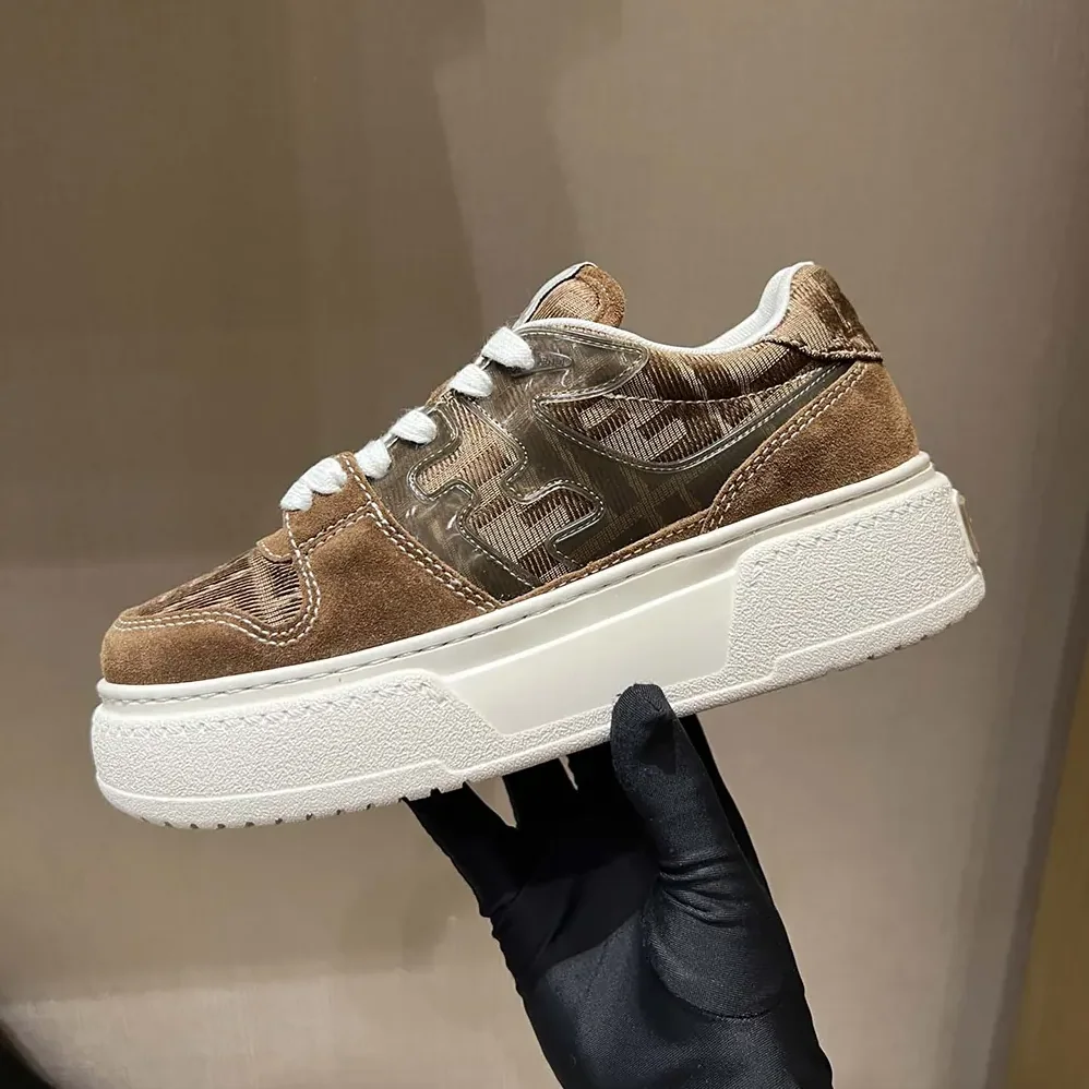 Fendi Match Brown Denim-effect FF Jacquard and Suede Platform Low Tops for Women Fendi Match Brown Denim-effect FF Jacquard and Suede Platform Low Tops for Women