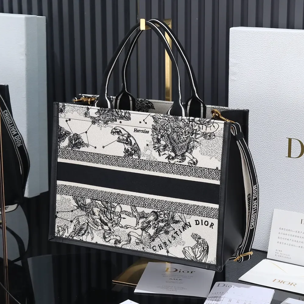 Dior Medium Dior Book Tote Latte and Black Dior Zodiac Embroidery with Black Calfskin for Women