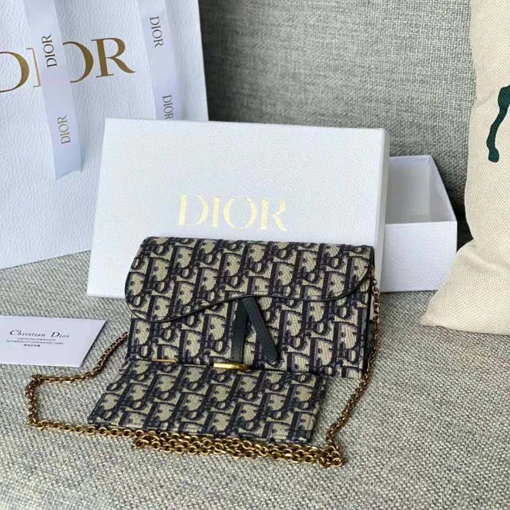 Dior Long Saddle Wallet with Chain Blue Dior Oblique Jacquard for Women Dior Long Saddle Wallet with Chain Blue Dior Oblique Jacquard for Women
