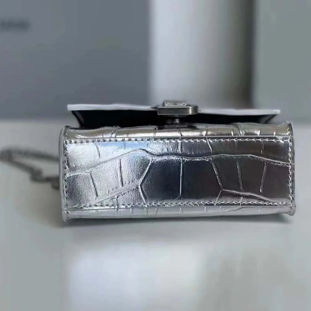 Balenciaga Hourglass Mini Top Handle Bag in Silver Crocodile Embossed Calfskin for Women