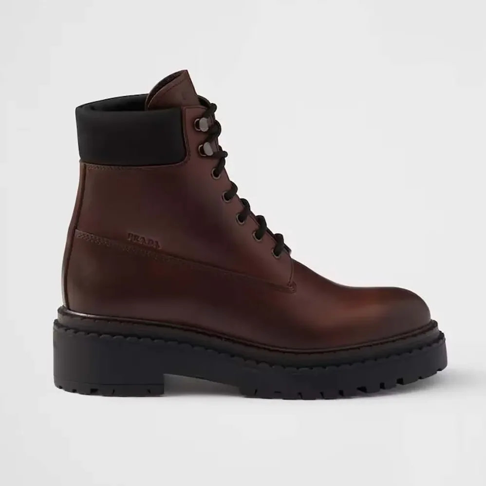 Prada Leather and Re-Nylon booties for Unisex in Cognac