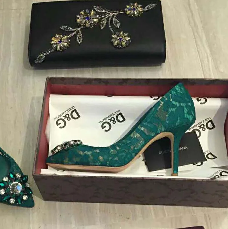 Dolce Gabbana D&G Shoes Pump in Taormina Lace with Crystals 90mm Heel for Women in Green Dolce Gabbana D&G Shoes Pump in Taormina Lace with Crystals 90mm Heel for Women in Green