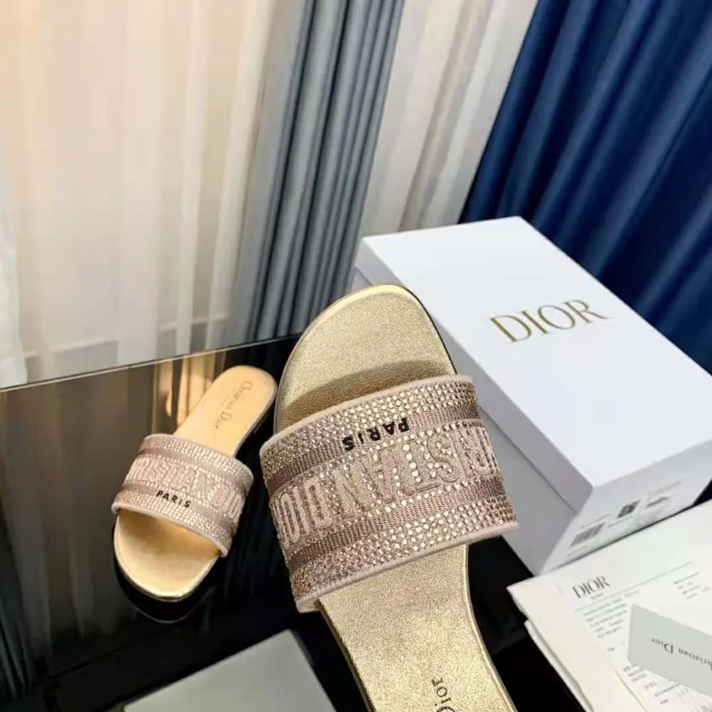 Dior Dway Slide Gold-Tone Cotton Embroidered with Metallic Thread and Strass for Women Dior Dway Slide Gold-Tone Cotton Embroidered with Metallic Thread and Strass for Women
