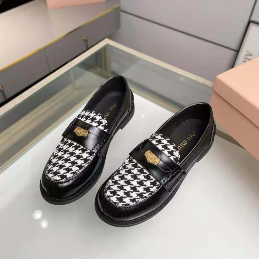Miu Miu Brushed Leather and Gingham Check Fabric Loafers for Women