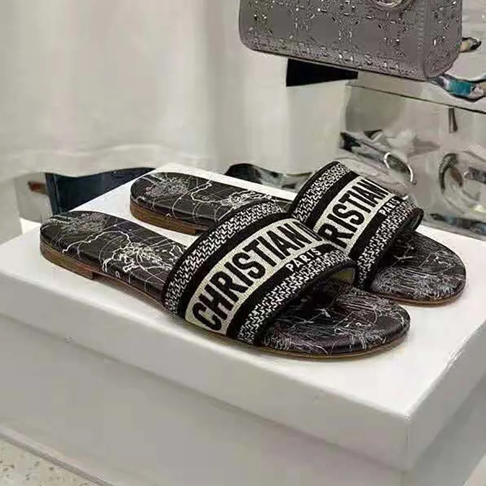 Dior Dway Slide Black Dior Around the World Embroidered Cotton for Women Dior Dway Slide Black Dior Around the World Embroidered Cotton for Women