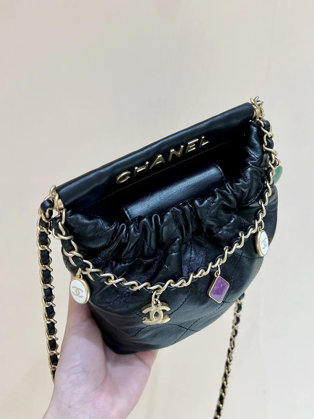 Chanel CC Small Bucket Bag in Black Gold Hardware
