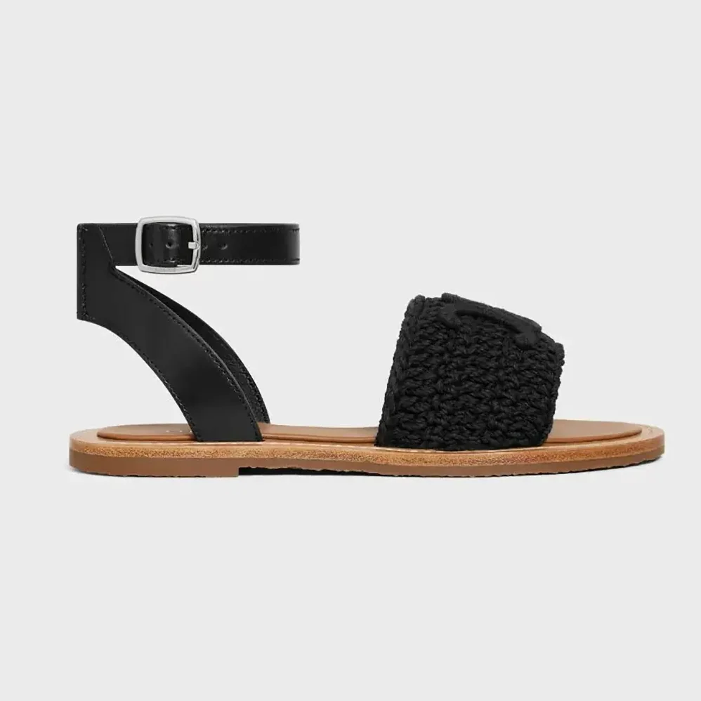 Celine Lympia Sandal in Triomphe Maccramé Cotton & Calfskin for Women in Black Celine Lympia Sandal in Triomphe Maccramé Cotton & Calfskin for Women in Black