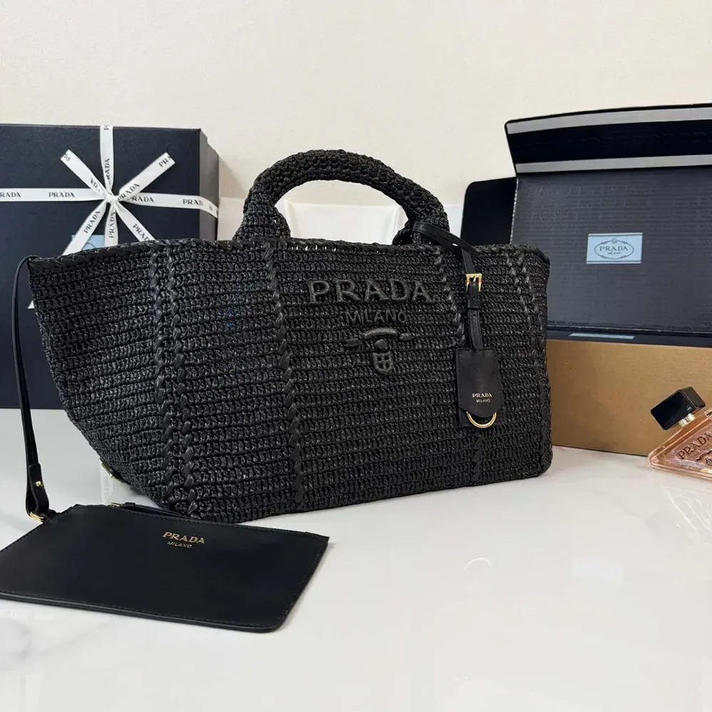 Prada Large Crochet Tote Bag with Leather Details for Women in Black