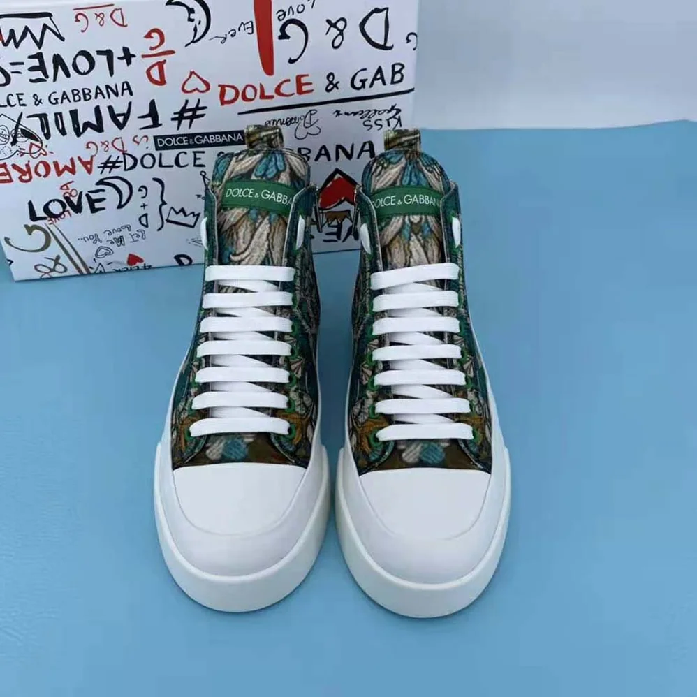 Dolce Gabbana D&G Brocade Portofino Light High-Top Sneakers with Logo Plate for Women