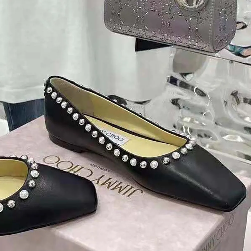 Jimmy Choo Mirele Flat Black Nappa Leather Flats with Pearl Outline for Women Jimmy Choo Mirele Flat Black Nappa Leather Flats with Pearl Outline for Women