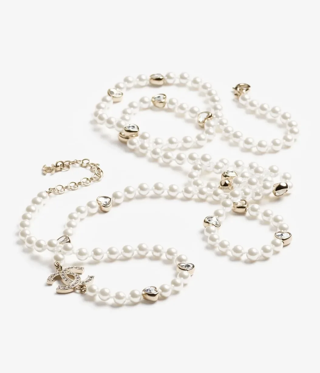 Chanel Long Necklace Gold Pearly White & Crystal