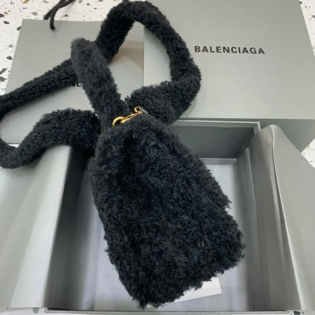 Balenciaga Furry Hourglass Small Handbag With Strap In Black /