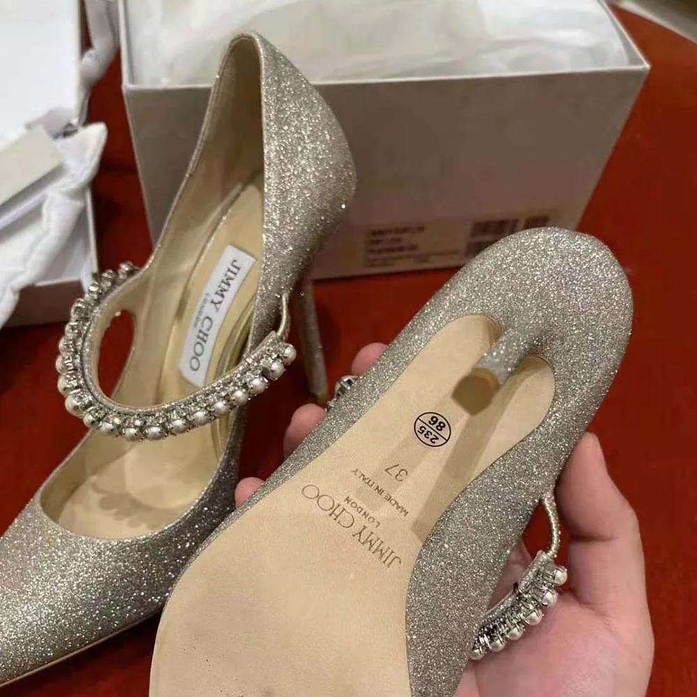 Jimmy Choo Baily 100 Platinum Ice Dusty Glitter Pumps with Crystal and Pearl Strap for Women Jimmy Choo Baily 100 Platinum Ice Dusty Glitter Pumps with Crystal and Pearl Strap for Women