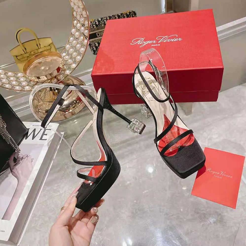 Roger Vivier Cube Strass Heel Sandals in Satin for Women in Black Roger Vivier Cube Strass Heel Sandals in Satin for Women in Black