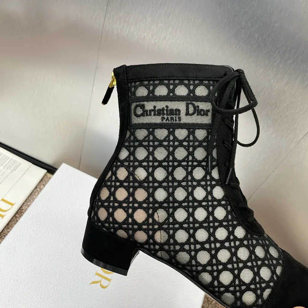 Dior Naughtily-D Heeled Ankle Boot Transparent Mesh Embroidered with Black Cannage Motif for Women Dior Naughtily-D Heeled Ankle Boot Transparent Mesh Embroidered with Black Cannage Motif for Women