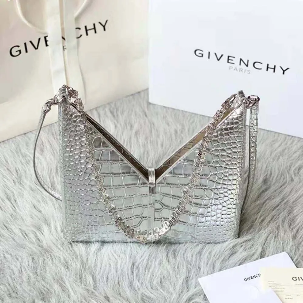 Givenchy Small Cut Out Bag in Crocodile Effect Leather with Chain for Women in Silver