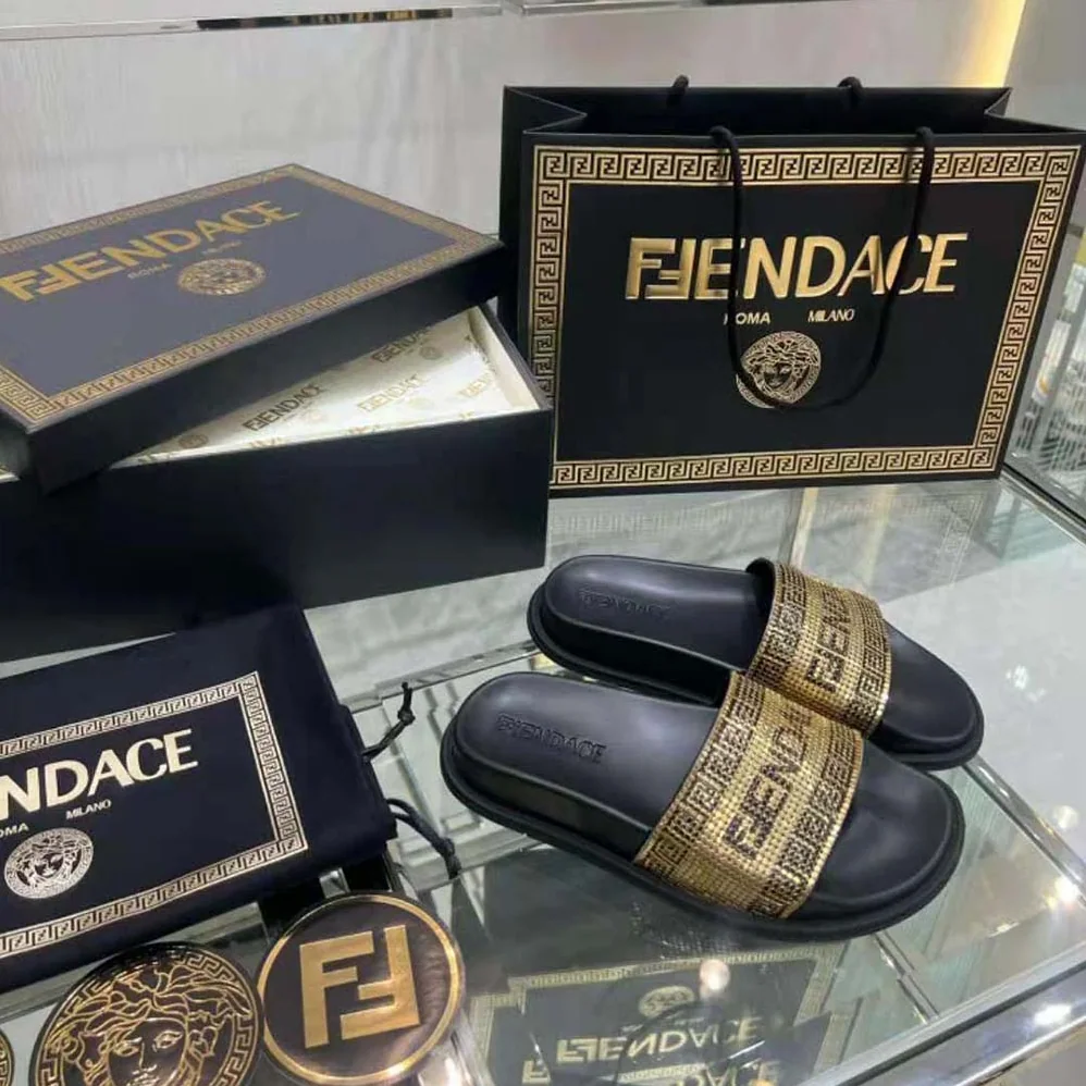Versace Fendace Logo Metal Mesh Sliders for Unisex in Black Versace Fendace Logo Metal Mesh Sliders for Unisex in Black