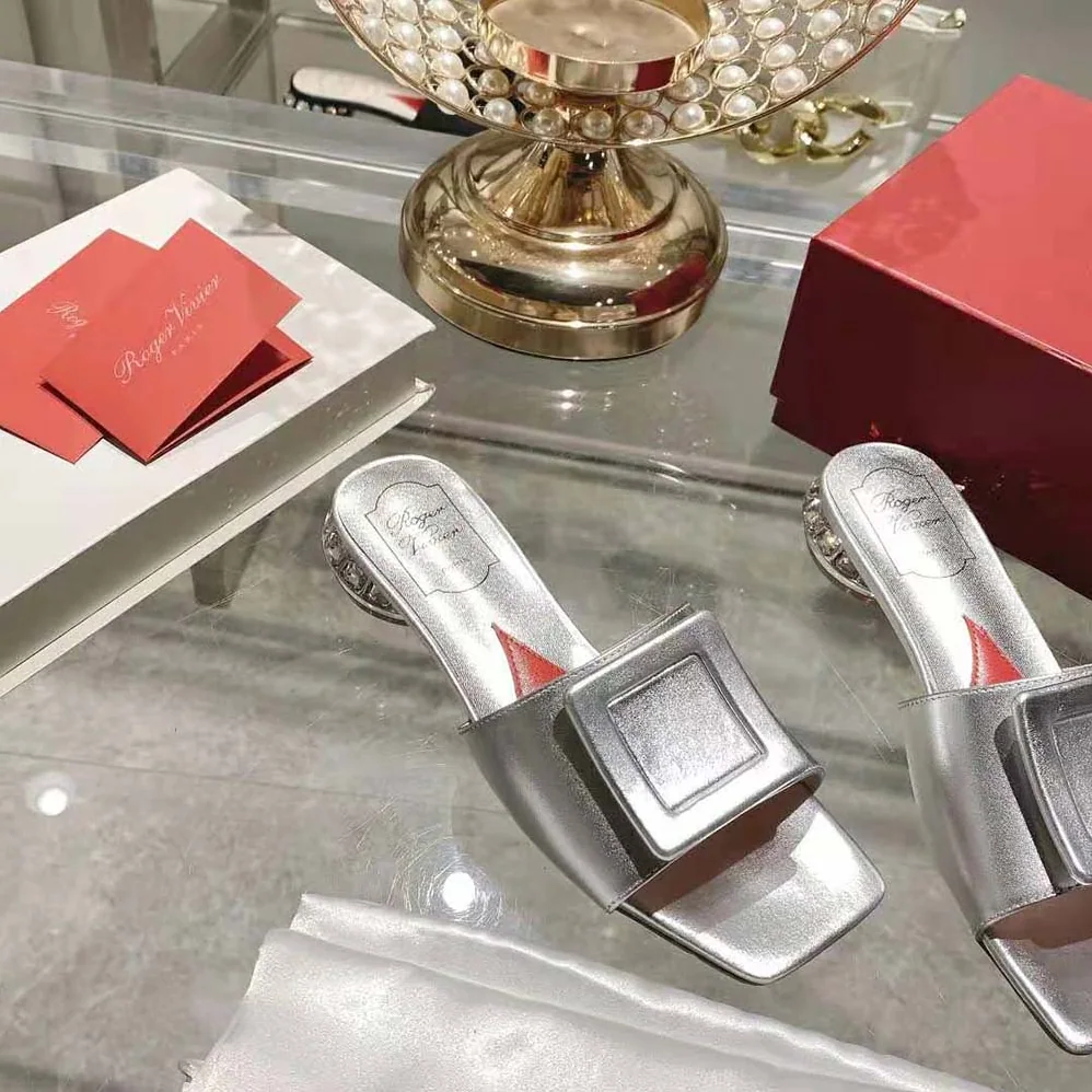 Roger Vivier Strass Heel Covered Buckle Mules in Satin for Women in Silver