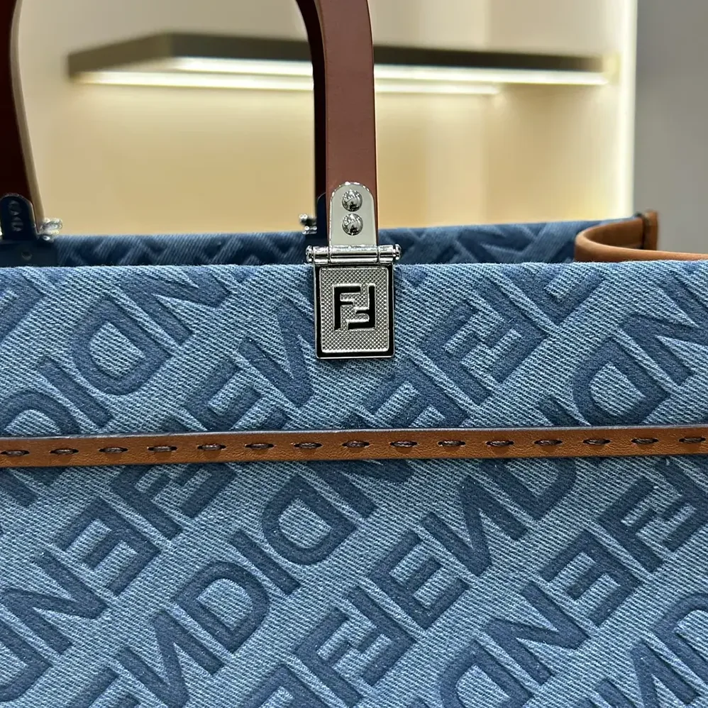 Fendi Sunshine Medium Light Blue Denim Shopper Bag for Women