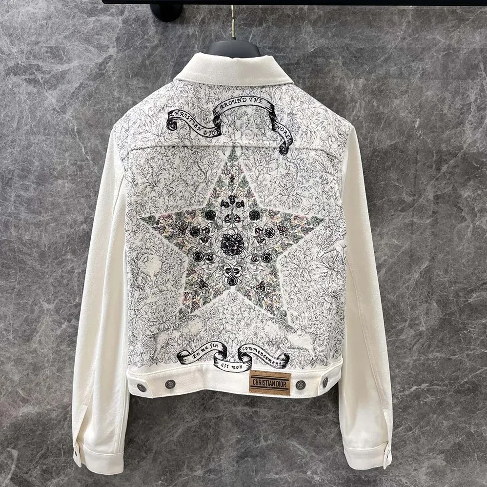 Dior Jacket White Cotton Denim with Gold-Tone Dior Around the World Motif for Women Dior Jacket White Cotton Denim with Gold-Tone Dior Around the World Motif for Women
