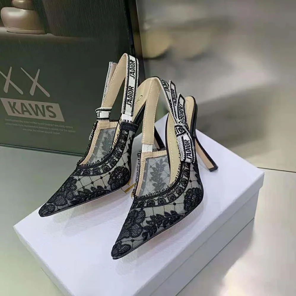 Dior J'Adior Slingback Pump Black Transparent Mesh Embroidered with Dior Roses Motif for Women