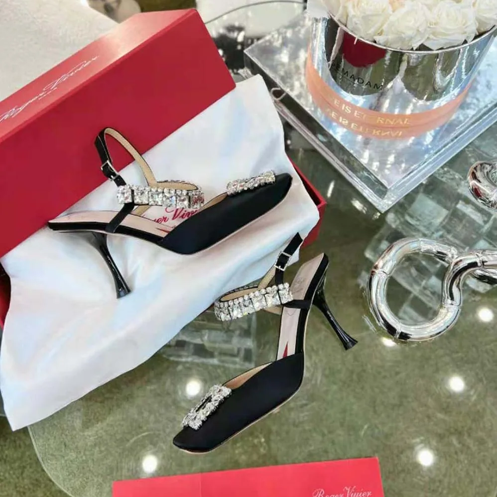 Roger Vivier Slingback Pumps Rhinestone Buckle in Satin for Women in Black Roger Vivier Slingback Pumps Rhinestone Buckle in Satin for Women in Black