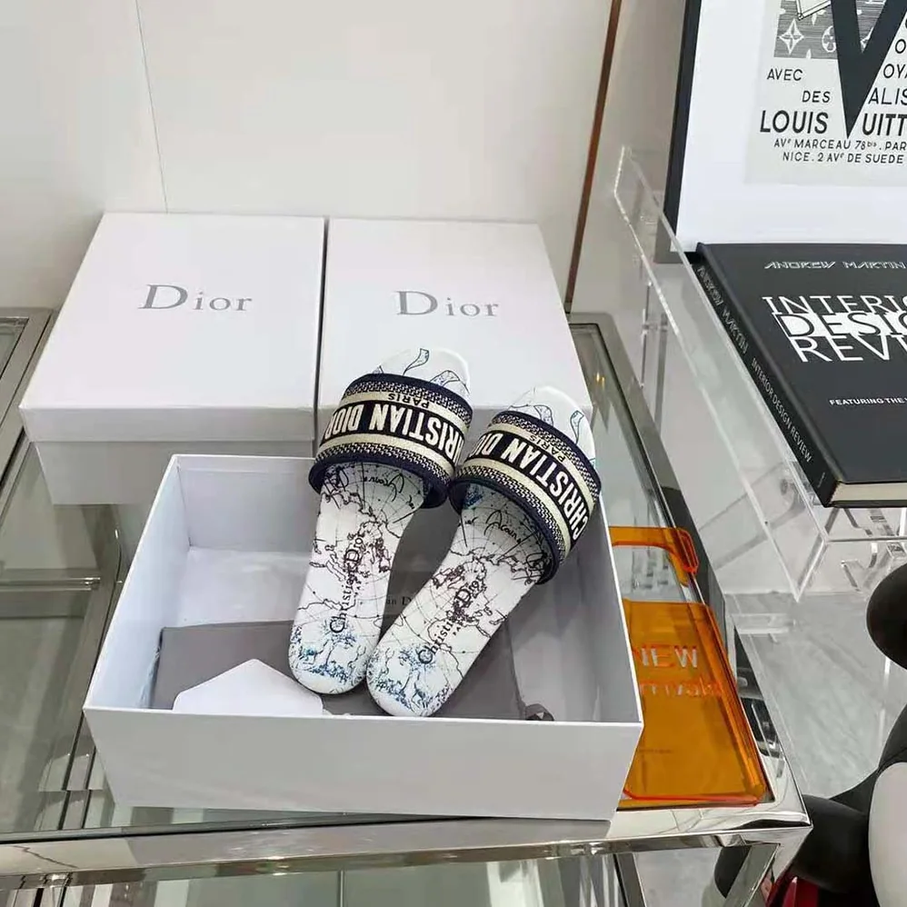 Dior Dway Slide Blue Dior Around the World Embroidered Cotton for Women Dior Dway Slide Blue Dior Around the World Embroidered Cotton for Women