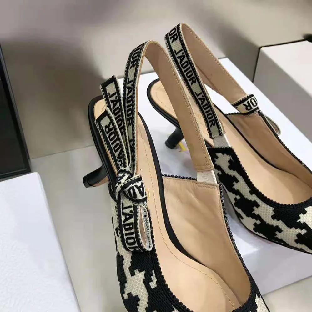 Dior J'Adior Slingback Pump Black and White Cotton Embroidery for Women Dior J'Adior Slingback Pump Black and White Cotton Embroidery for Women