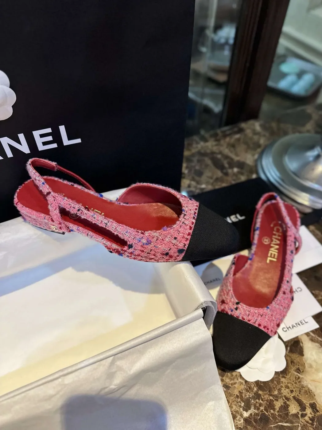 Chanel Woolen Lat Lace Up Sandals Dark Pink