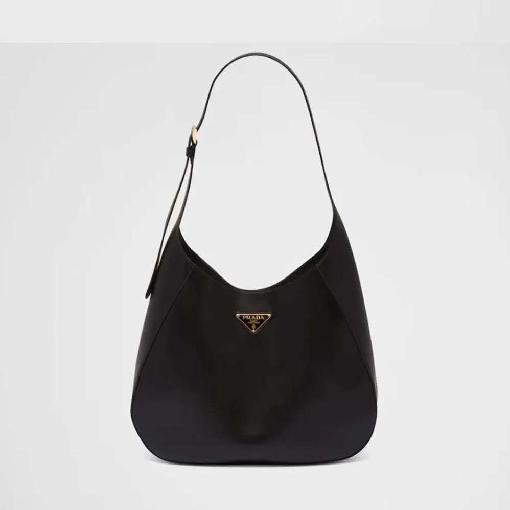 Prada Large Leather Shoulder Bag with Topstitching for Women in Black Prada Large Leather Shoulder Bag with Topstitching for Women in Black