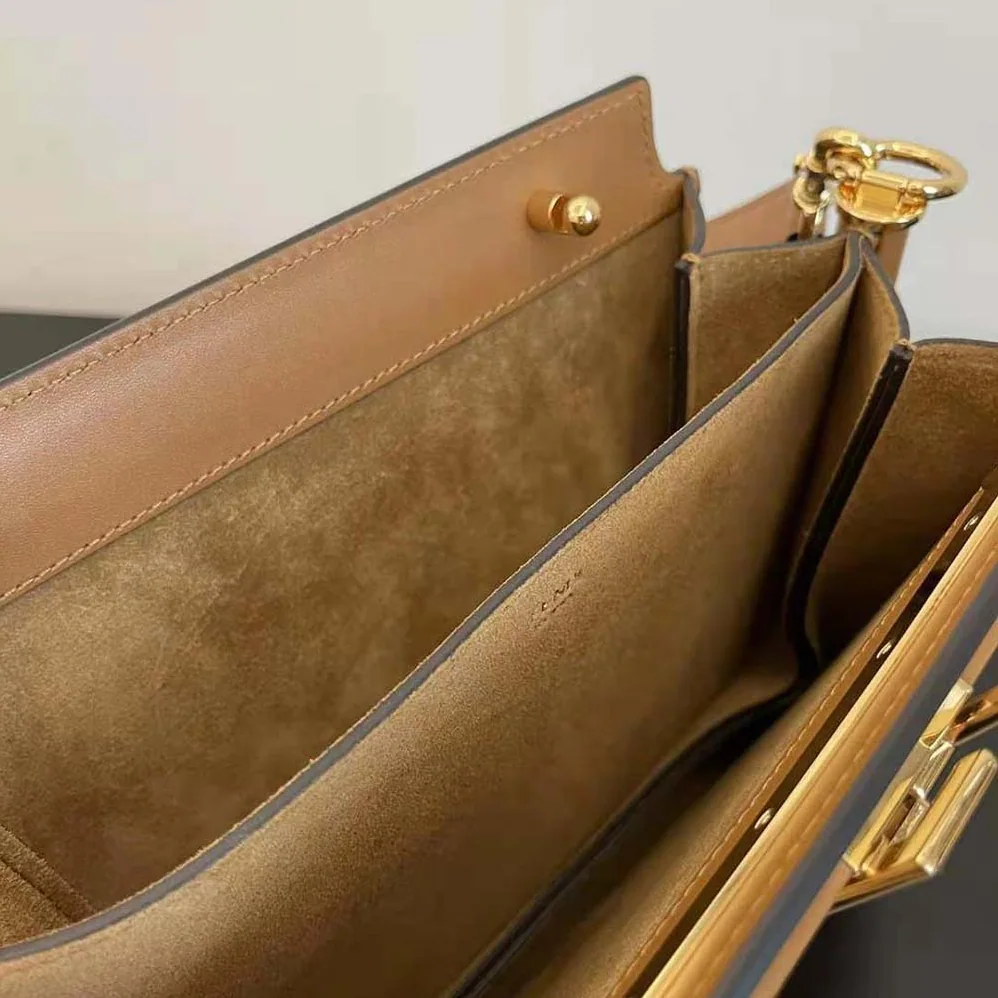 Fendi Touch Leather Bag with A Metal FF Clasp for Women in Brown