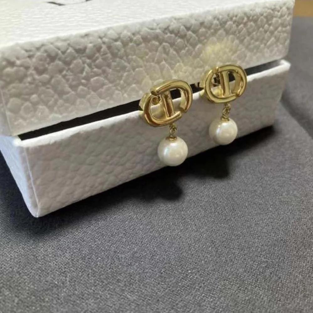 Dior CD Navy Earrings Gold-Finish Metal and White Resin Pearls for Women