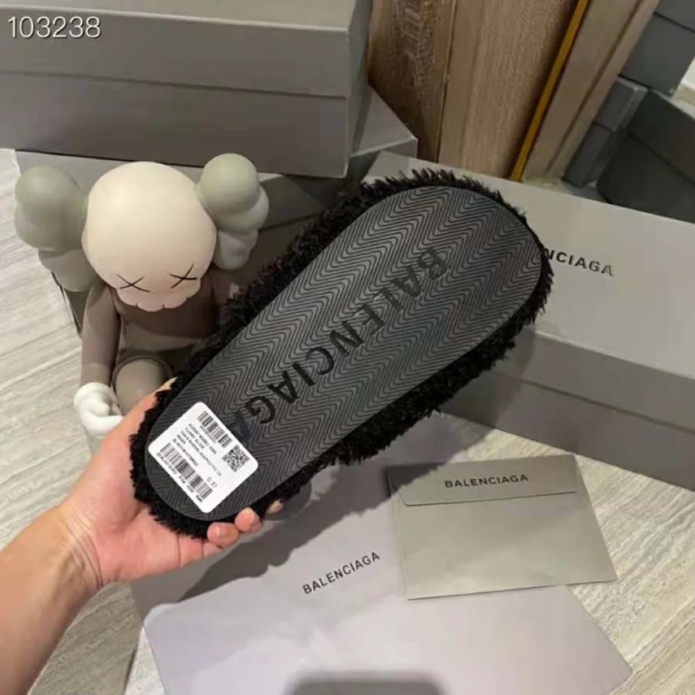 Balenciaga Furry Slide Sandal in Black Fake Shearling white Political Campaign Embroideries for Women