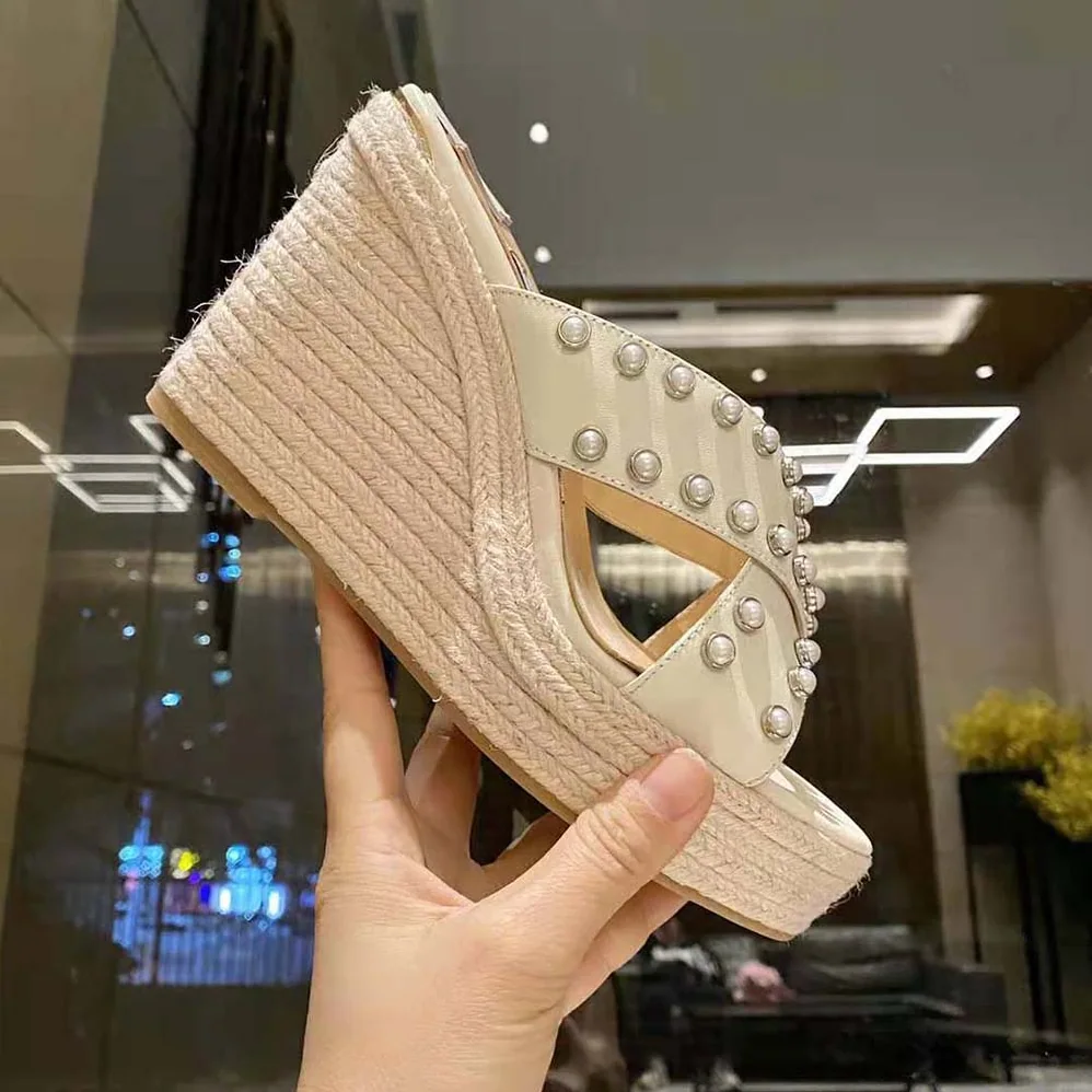 Jimmy Choo Dovina 100 Latte Nappa Wedges with Pearls for Women Jimmy Choo Dovina 100 Latte Nappa Wedges with Pearls for Women