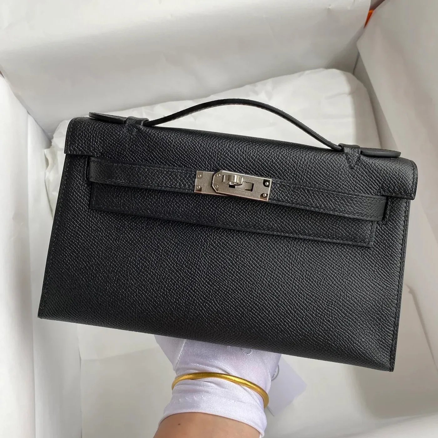 Hermes Kelly Pochette Top Handle Bag in Noir Epsom Palladium Hardware Hermes Kelly Pochette Top Handle Bag in Noir Epsom Palladium Hardware