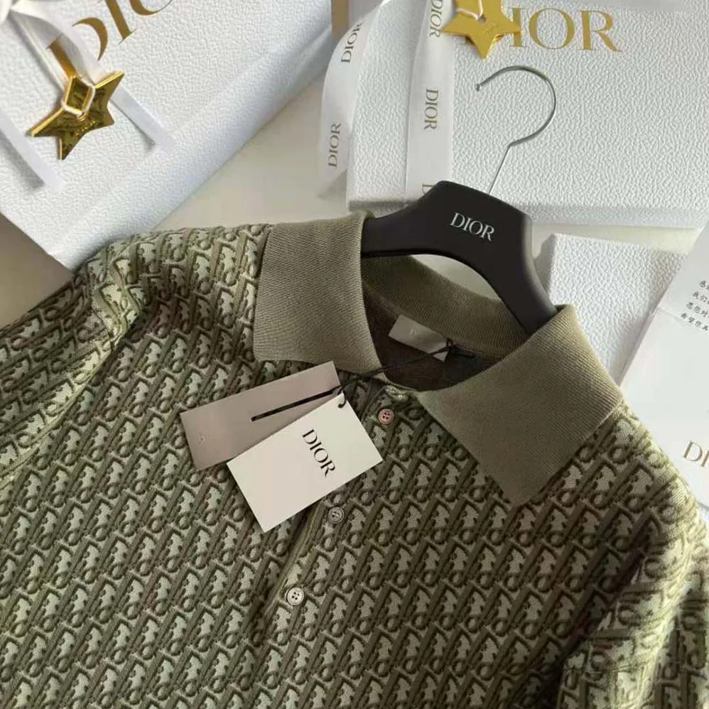 Dior Oblique Polo Shirt Khaki Cotton Jacquard for Men