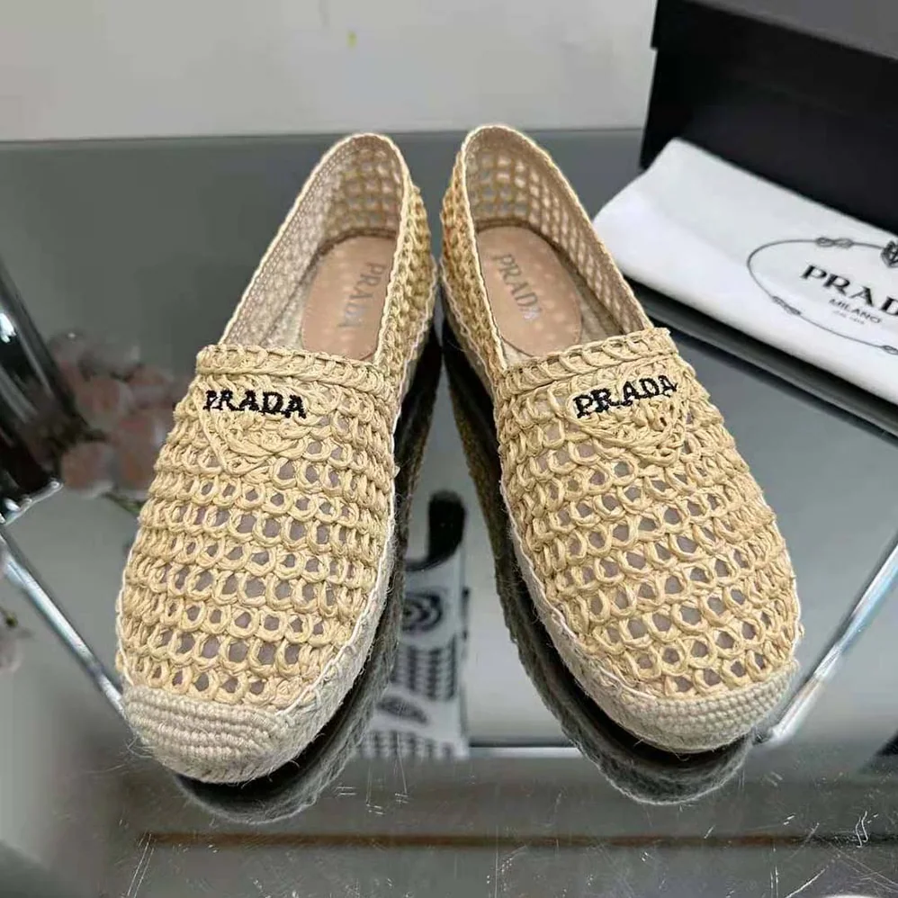Prada Crochet Espadrilles with Embroidered Logo for Women in Beige